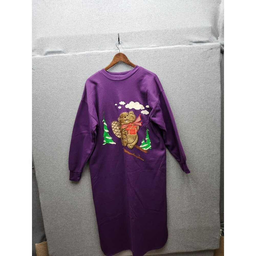 Vintage Purple Bear Print Long-Sleeve Nightgown